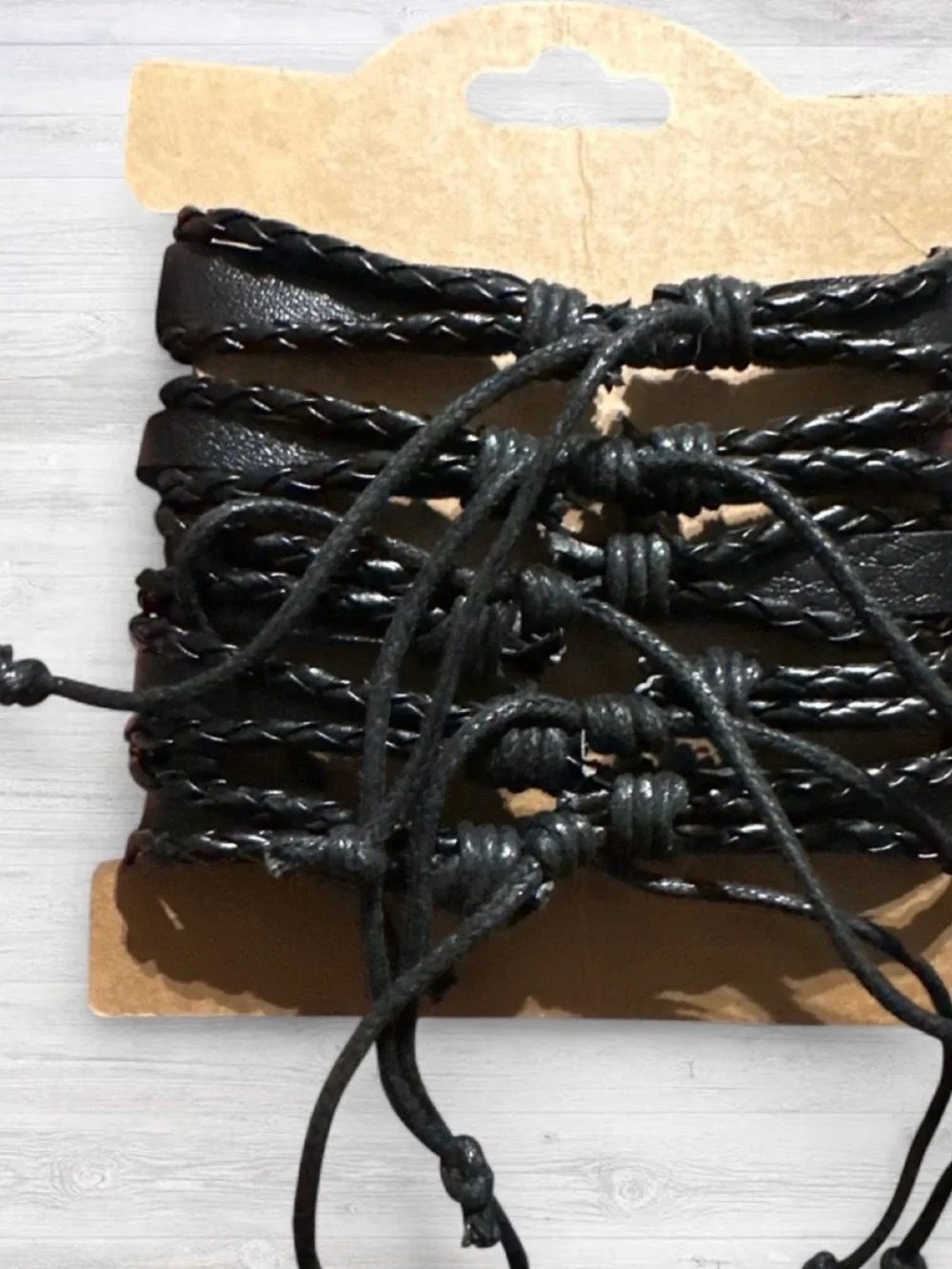 Men's Black Braided Leather Bracelet Set with Adjustable Knots